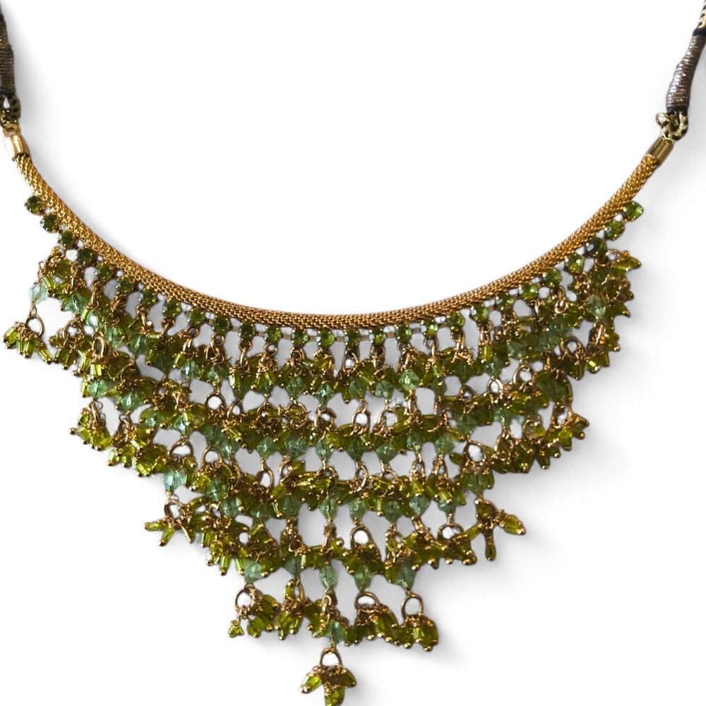 Green Beaded Bib Necklace Gold Tone Statement Necklace Boho Fringe Tassel - Picture 6 of 10